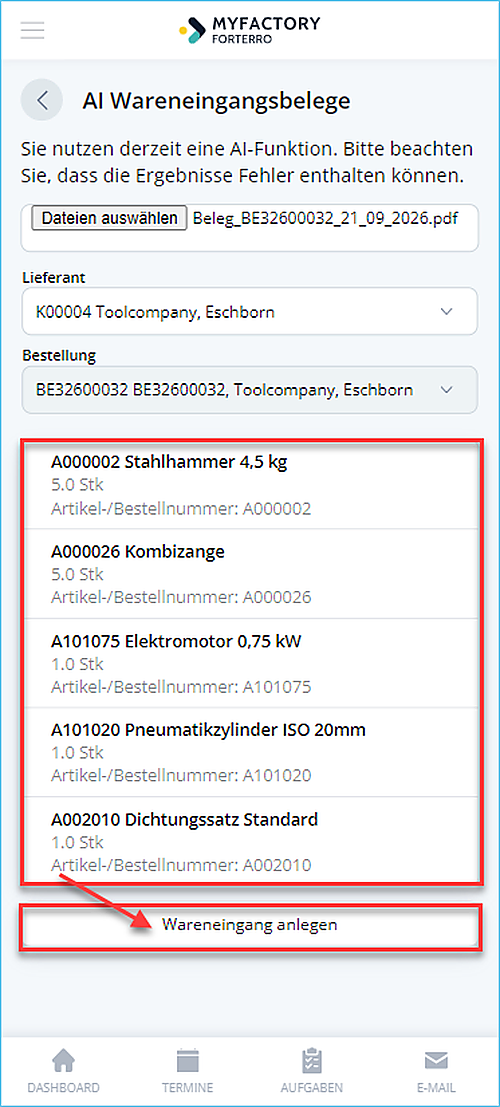 AI-Microservices: So einfach nutzen Sie den AI-Wareneingangsimport in Myfactory.Phone 11