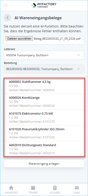 AI-Microservices: So einfach nutzen Sie den AI-Wareneingangsimport in Myfactory.Phone 9