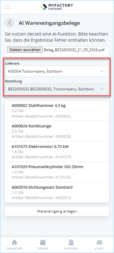 AI-Microservices: So einfach nutzen Sie den AI-Wareneingangsimport in Myfactory.Phone 7
