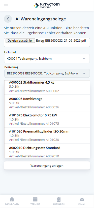 AI-Microservices: So einfach nutzen Sie den AI-Wareneingangsimport in Myfactory.Phone 6