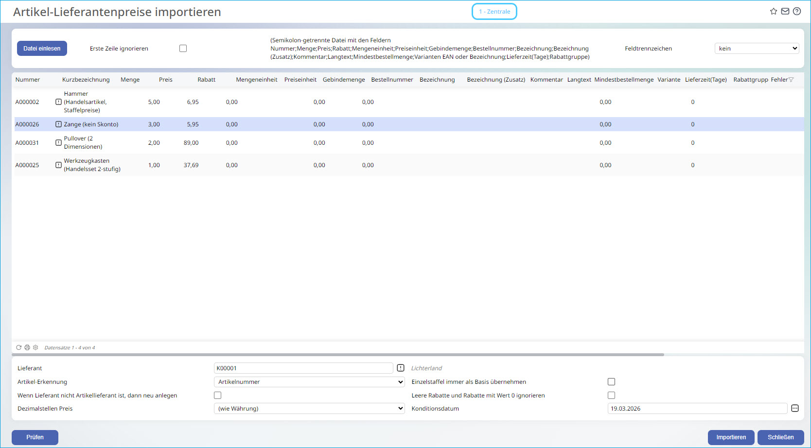 Lieferantenpreise importieren 0
