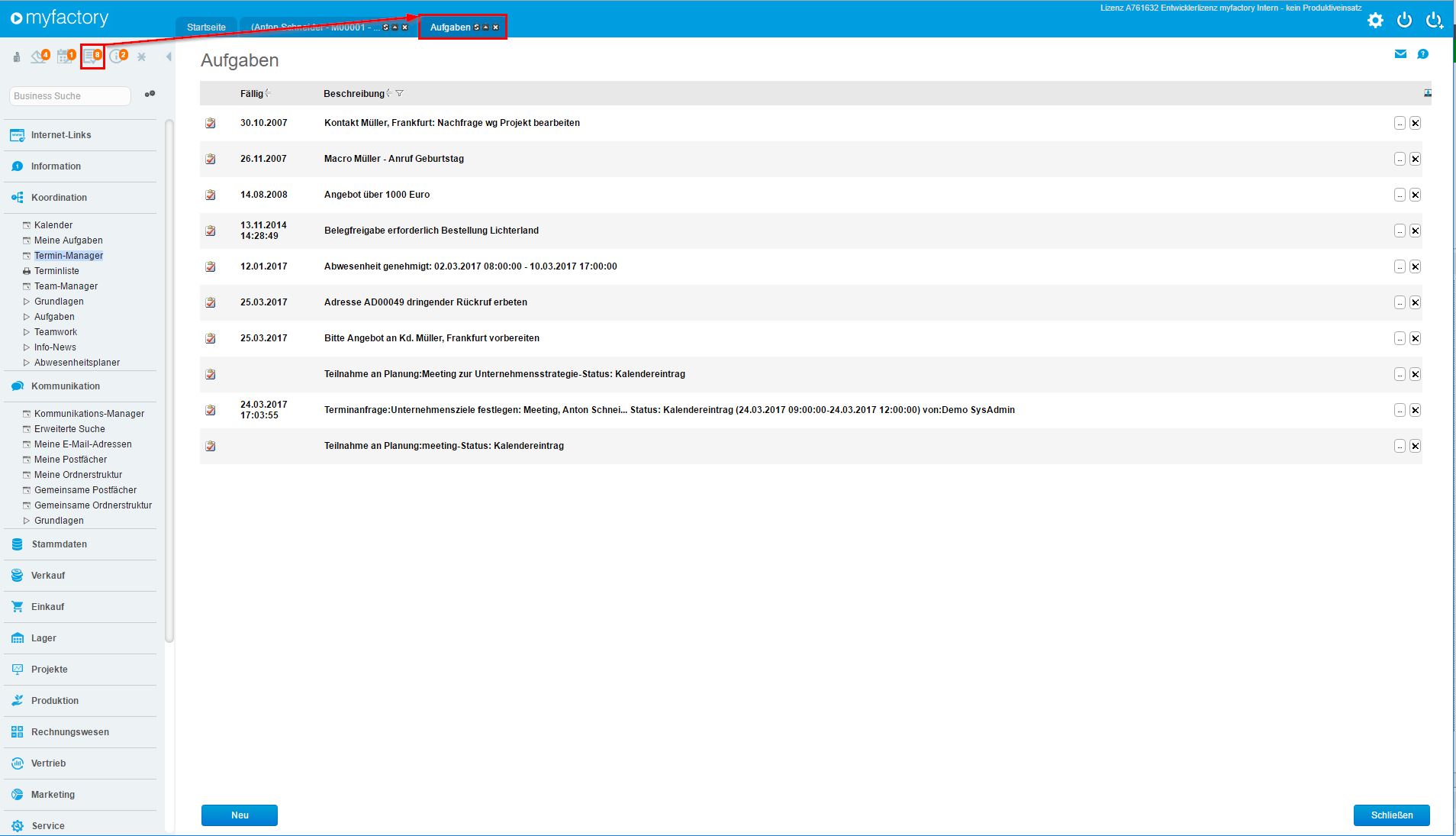 Schnellstartbereich (E-Mail, Aufgaben, Termine, Info-News) 2