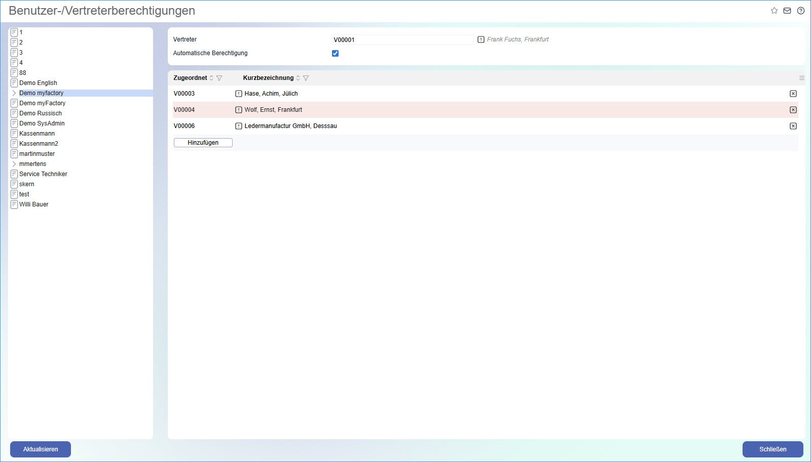 Benutzer-/Vertreterrechte 0