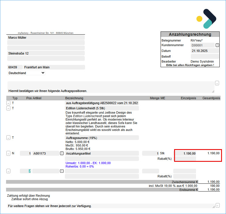 Anzahlungs-/Vorkasse- und Schlussrechnung 9