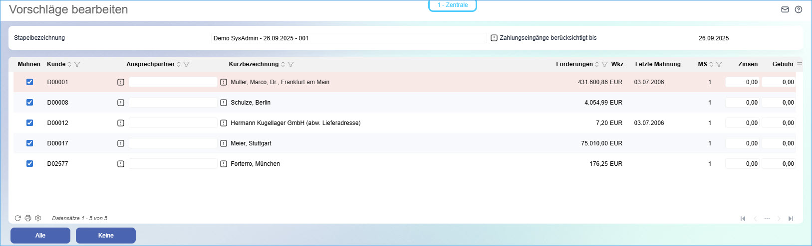 Vorschläge bearbeiten / Mahnungen erstellen 2