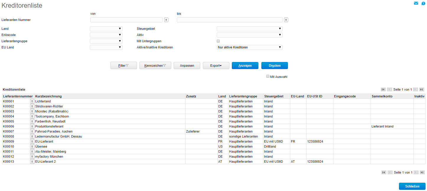Stammdatenlisten Kreditoren 0