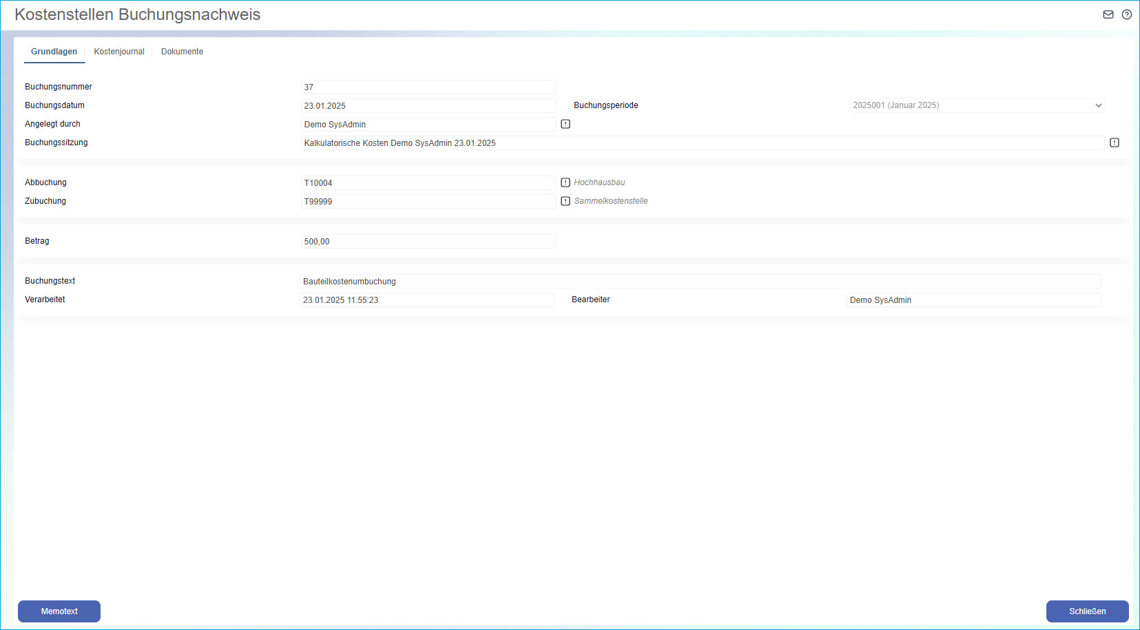 Kostenstellen-/träger Buchungsnachweis 0