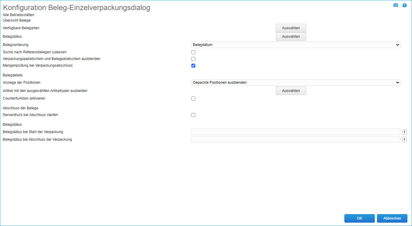 Konfiguration Beleg-Einzelverpackungsdialog 0