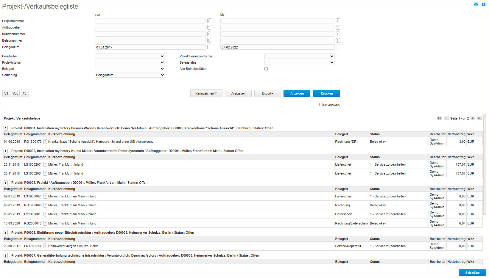 Projekt-/Verkaufsbelegliste 0
