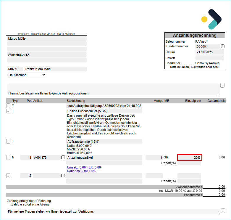Anzahlungs-/Vorkasse- und Schlussrechnung 8