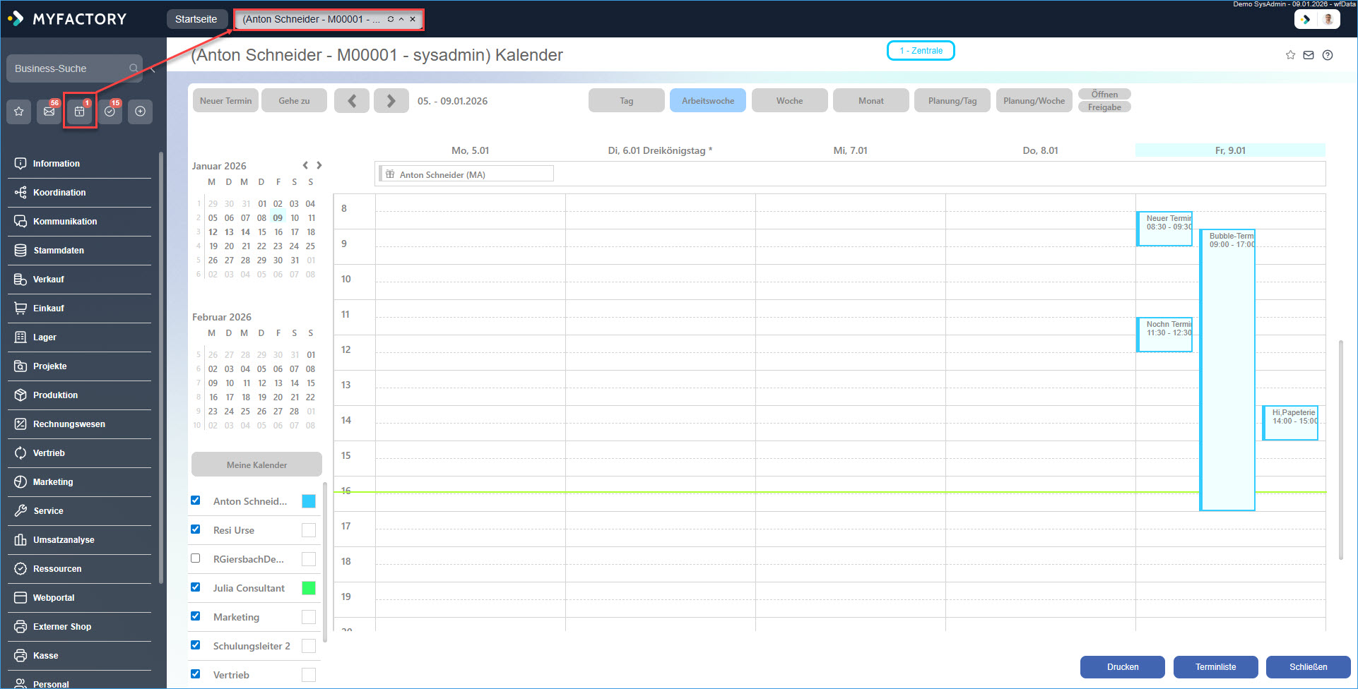 Schnellstartbereich (E-Mail, Aufgaben, Termine, Info-News) 1