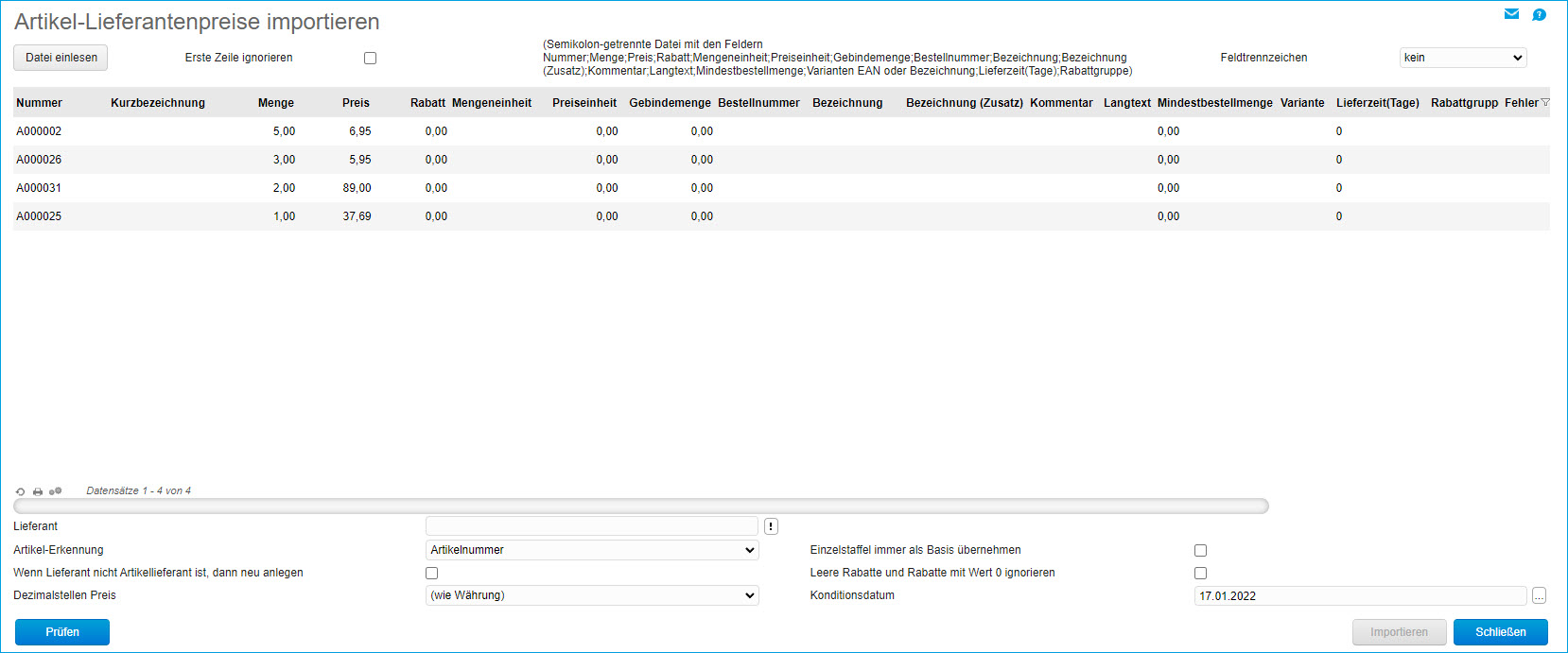 Lieferantenpreise importieren 0