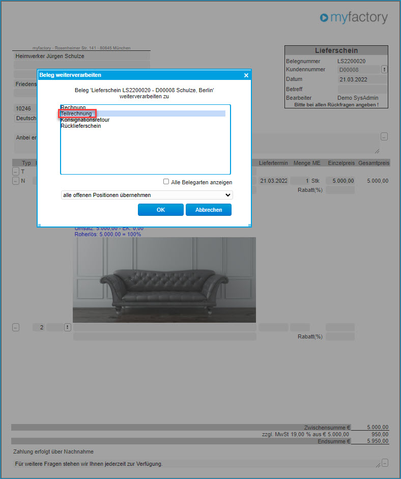 Teilrechnung mit Ausweis in Schlussrechnung 2