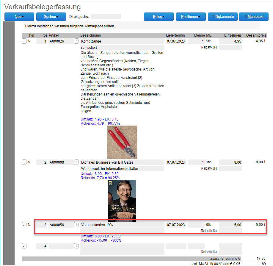 Versandposition einfügen 0