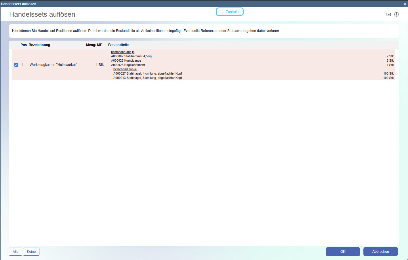 Handelssets auflösen 0