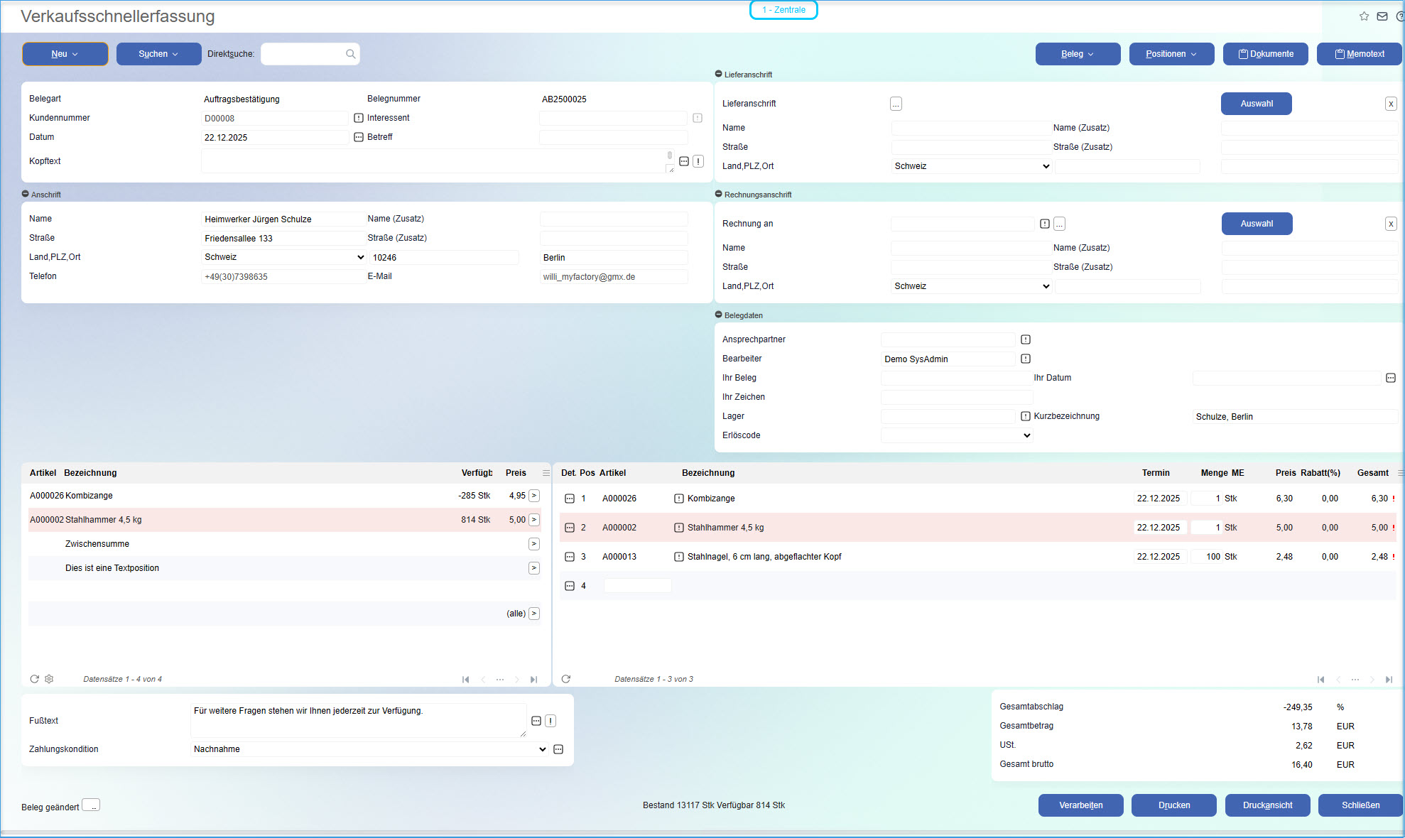 Verkaufsschnellerfassung 0