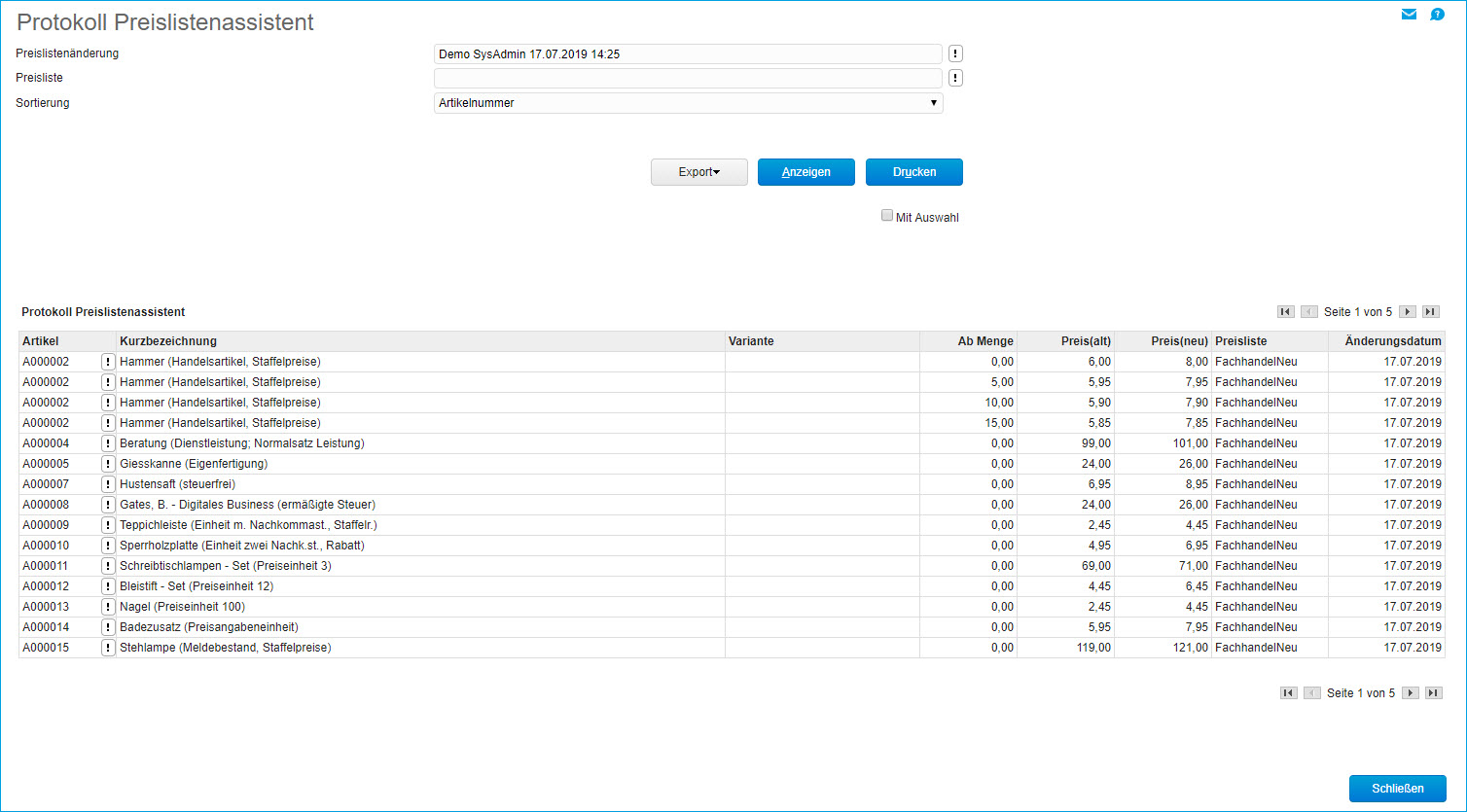 Protokoll Preislistenassistent 0