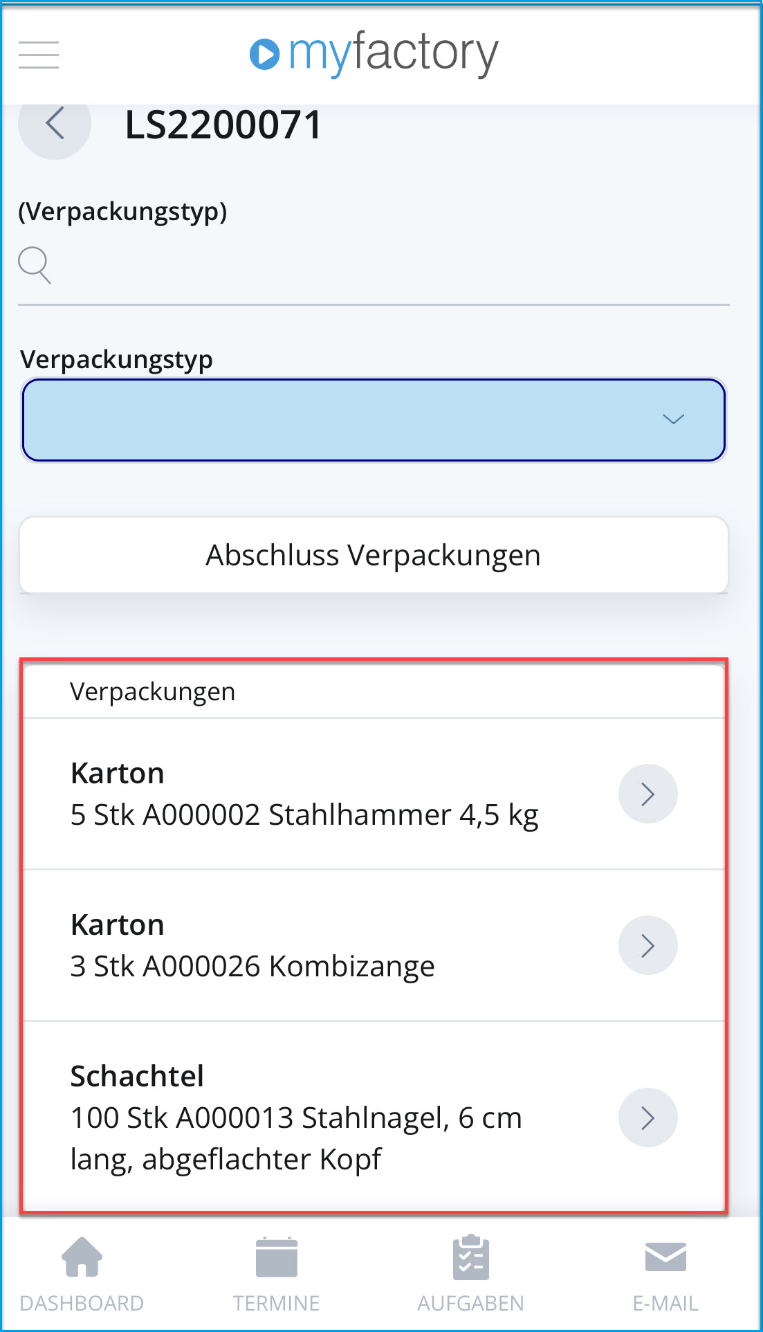 Mobiler Verpackungsdialog - Bedienung 16