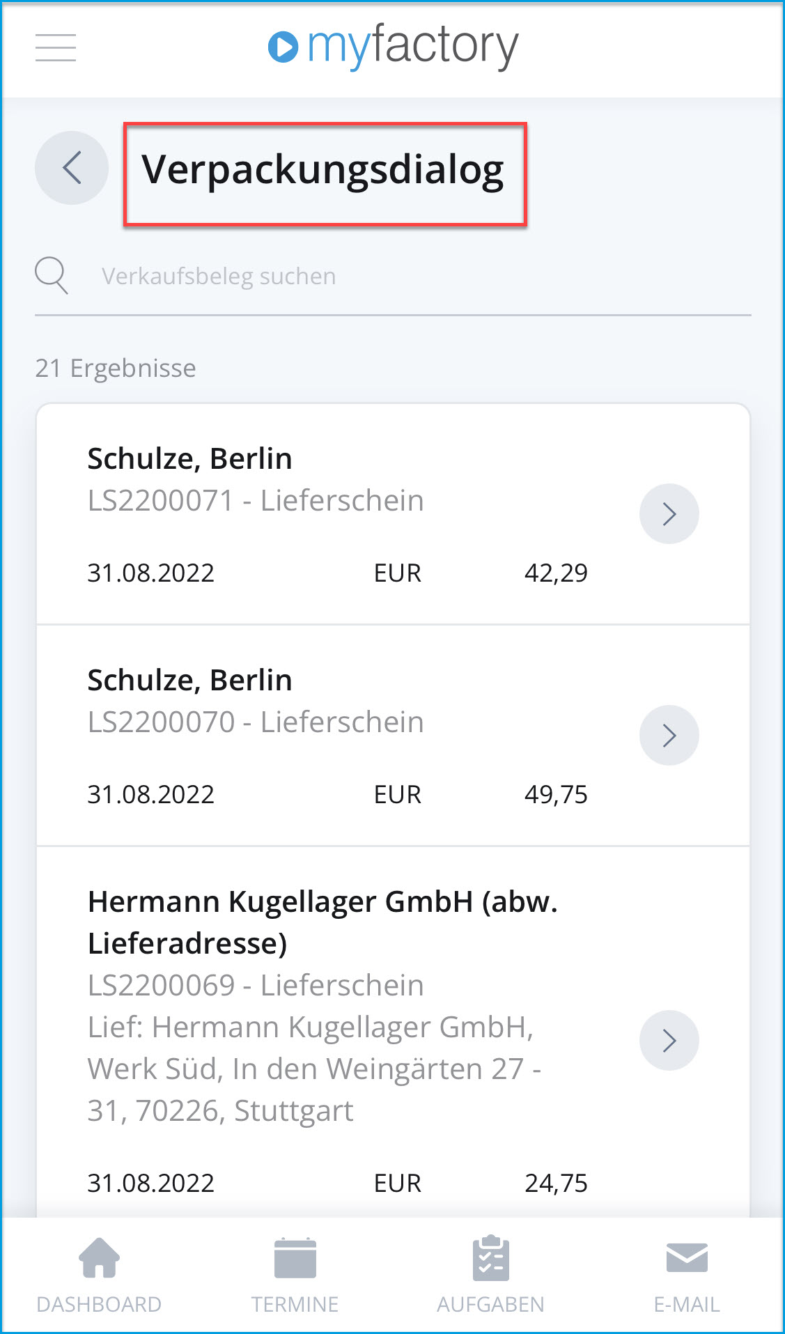 Mobiler Verpackungsdialog - Bedienung 1