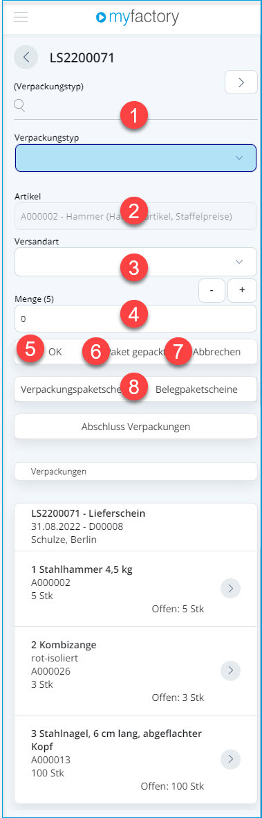 Mobiler Verpackungsdialog - Bedienung 3