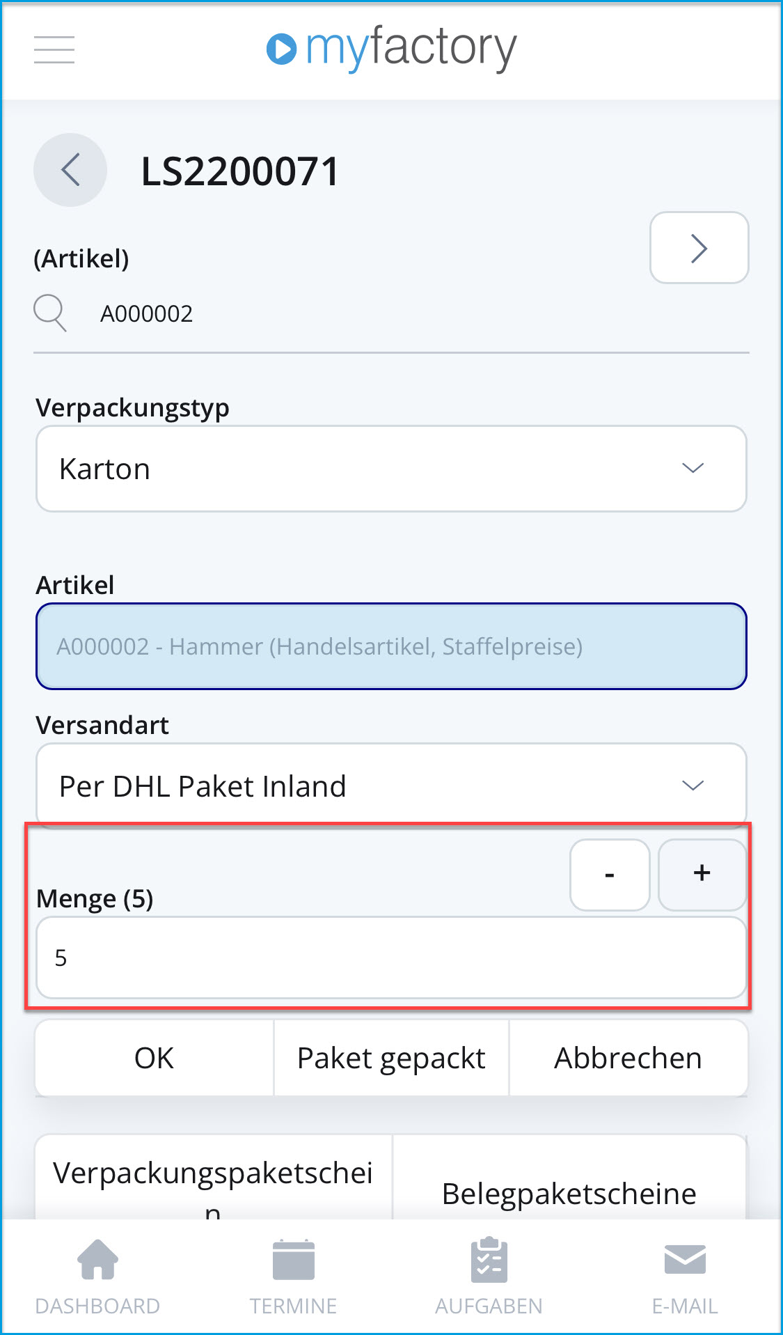 Mobiler Verpackungsdialog - Bedienung 8