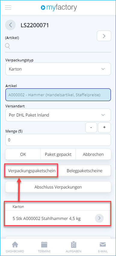 Mobiler Verpackungsdialog - Bedienung 11