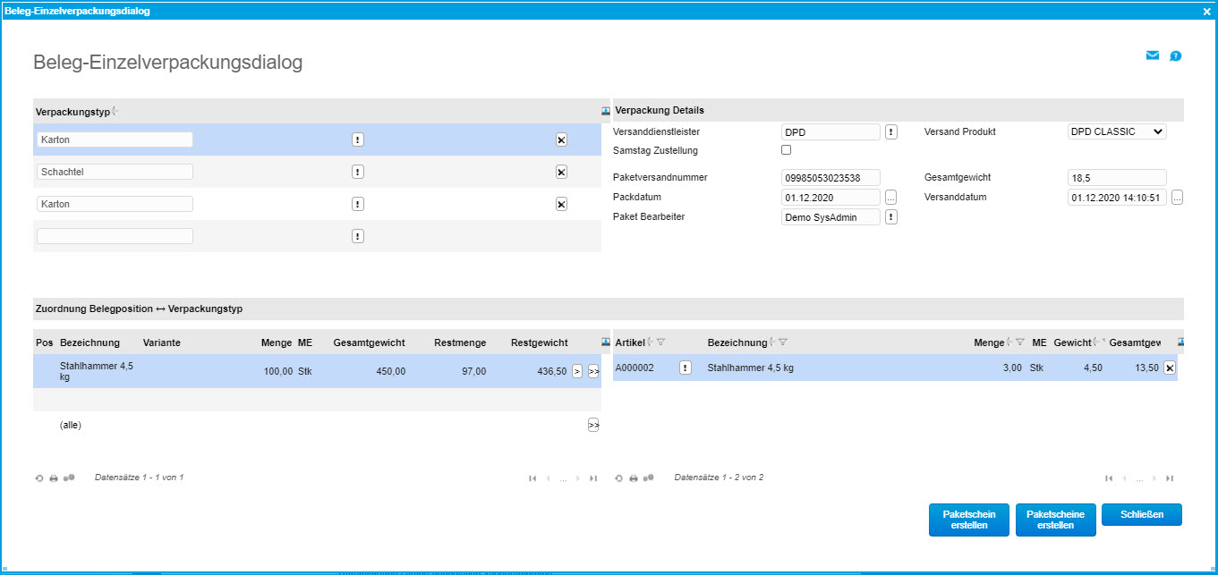 Verpackungstypen und Verpackungsdialog 1