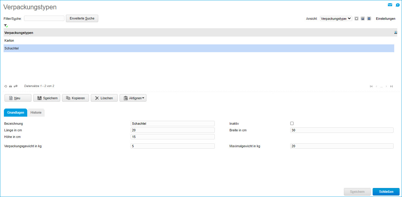 Verpackungstypen und Verpackungsdialog 0